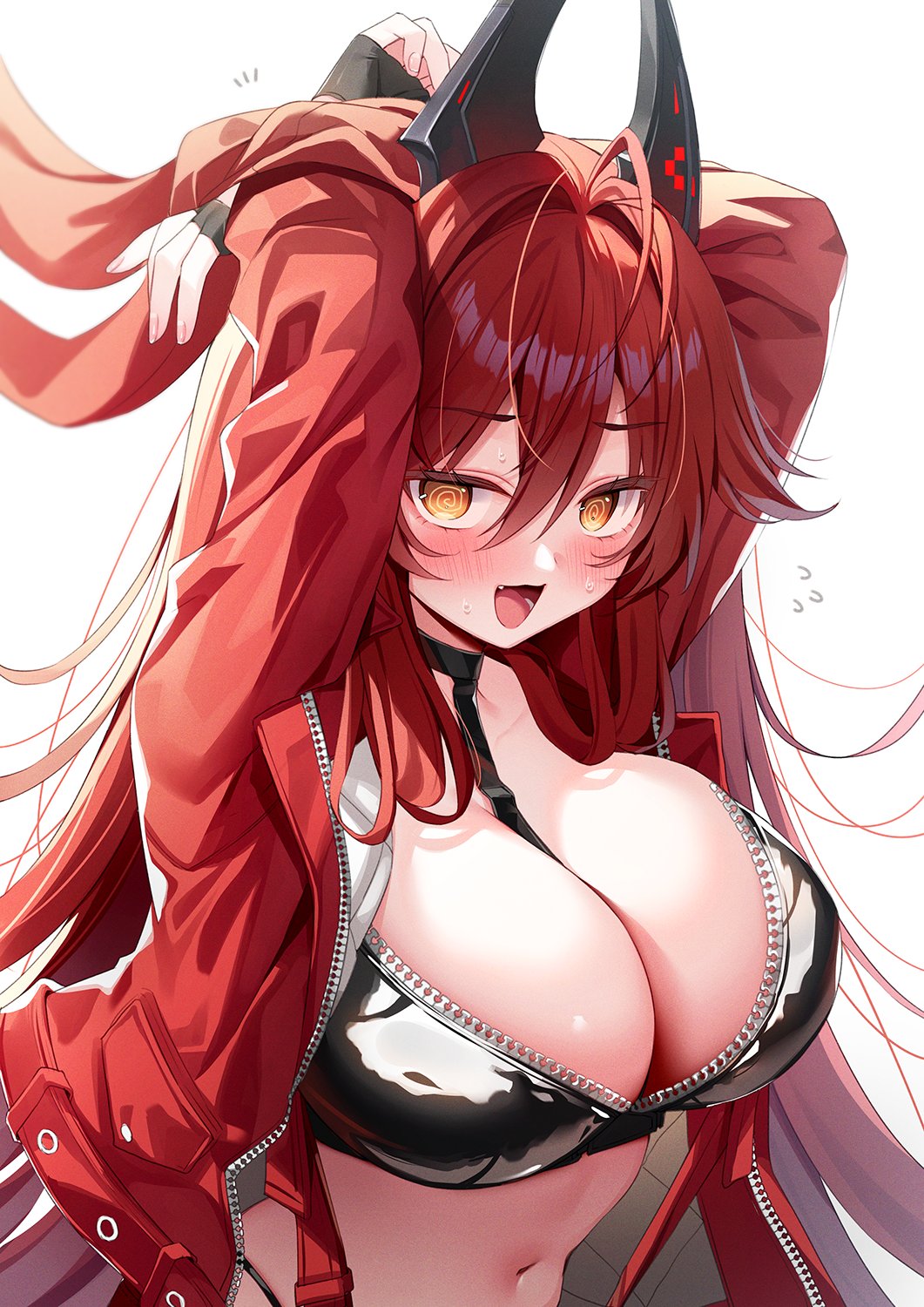 1girl @_@ ahoge arms_behind_head arms_up between_breasts black_choker black_gloves black_jacket blush bound bound_wrists breasts choker cleavage collarbone commentary_request cowboy_shot cropped_jacket fang fingerless_gloves gloves goddess_of_victory:_nikke hair_between_eyes hair_flaps highres horns jacket large_breasts leather leather_jacket long_hair long_sleeves looking_at_viewer mechanical_horns midriff navel open_clothes open_jacket open_mouth red_hair red_hood_(nikke) red_jacket red_scarf scarf scarf_pull sidelocks simple_background solo standing strap_between_breasts suspenders sweat tied_up_(nonsexual) unzipped very_long_hair white_background yatanukikey yellow_eyes zipper