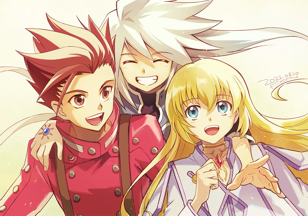 1girl 2boys arm_around_shoulder blonde_hair blue_eyes brown_hair closed_eyes colette_brunel commentary dated fon-due_(fonfon) genis_sage grey_hair grin happy jacket lloyd_irving long_hair multiple_boys open_mouth red_jacket short_hair signature smile spiked_hair suspenders symbol-only_commentary tales_of_(series) tales_of_symphonia upper_body very_long_hair white_background