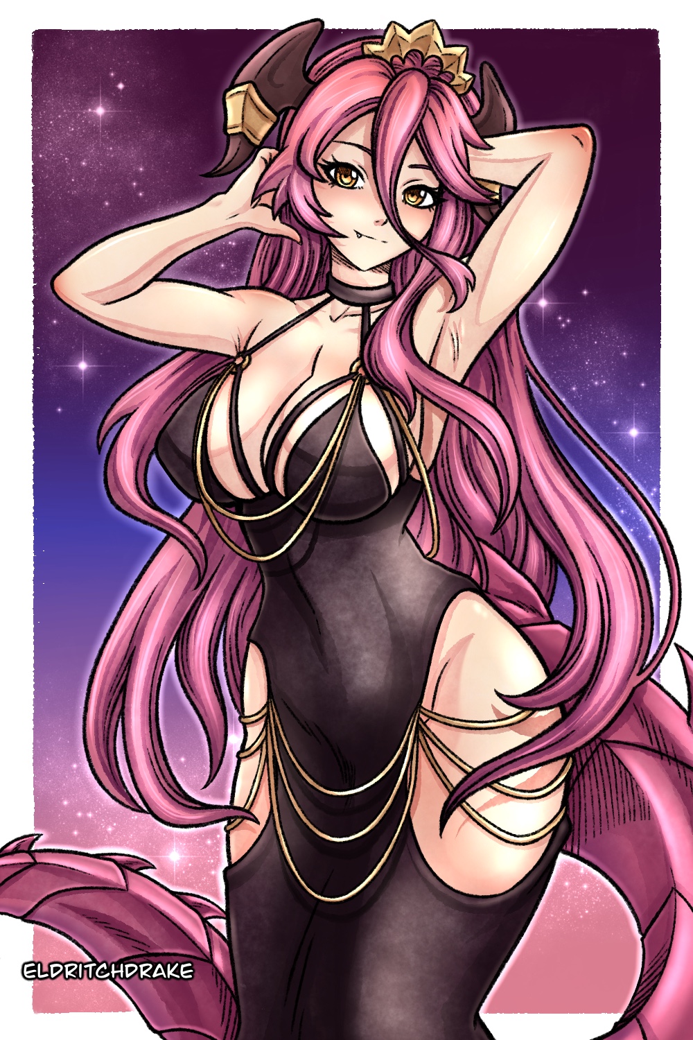 1girl armpits arms_up backless_dress backless_outfit bare_shoulders black_dress blush breasts chain cleavage dragalia_lost dragon_girl dragon_horns dragon_tail dress fang gold_chain hair_between_eyes highres hip_vent horn_ornament horns kalesklok knee_up large_breasts long_hair looking_at_viewer low_neckline modakawa_dress mym_(dragalia_lost) no_panties red_hair sleeveless sleeveless_dress smile solo starry_background tail taut_clothes taut_dress tight_clothes tight_dress very_long_hair yellow_eyes