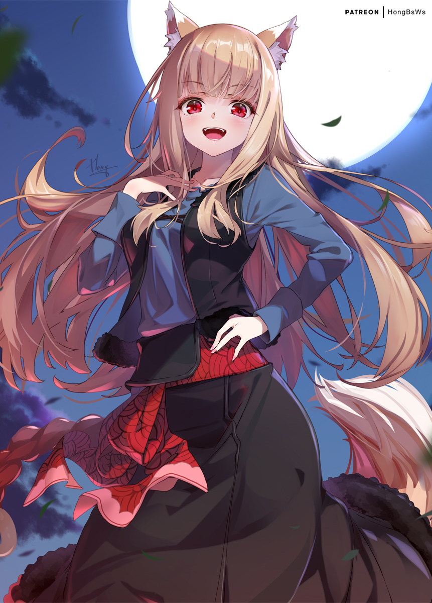 1girl :d animal_ears blush breasts cloud full_moon highres holo hong_(white_spider) light_brown_hair long_hair long_sleeves looking_at_viewer moon night night_sky open_mouth outdoors patreon_username red_eyes sky smile solo spice_and_wolf tail wolf_ears wolf_girl wolf_tail