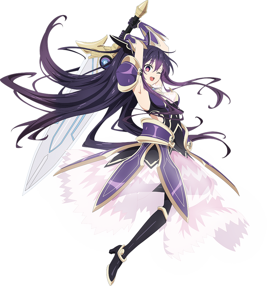 1girl armor armored_dress arms_up date_a_live dress full_body holding holding_weapon long_hair official_art one_eye_closed open_mouth purple_dress purple_eyes purple_hair smile solo sword transparent_background weapon yatogami_tooka