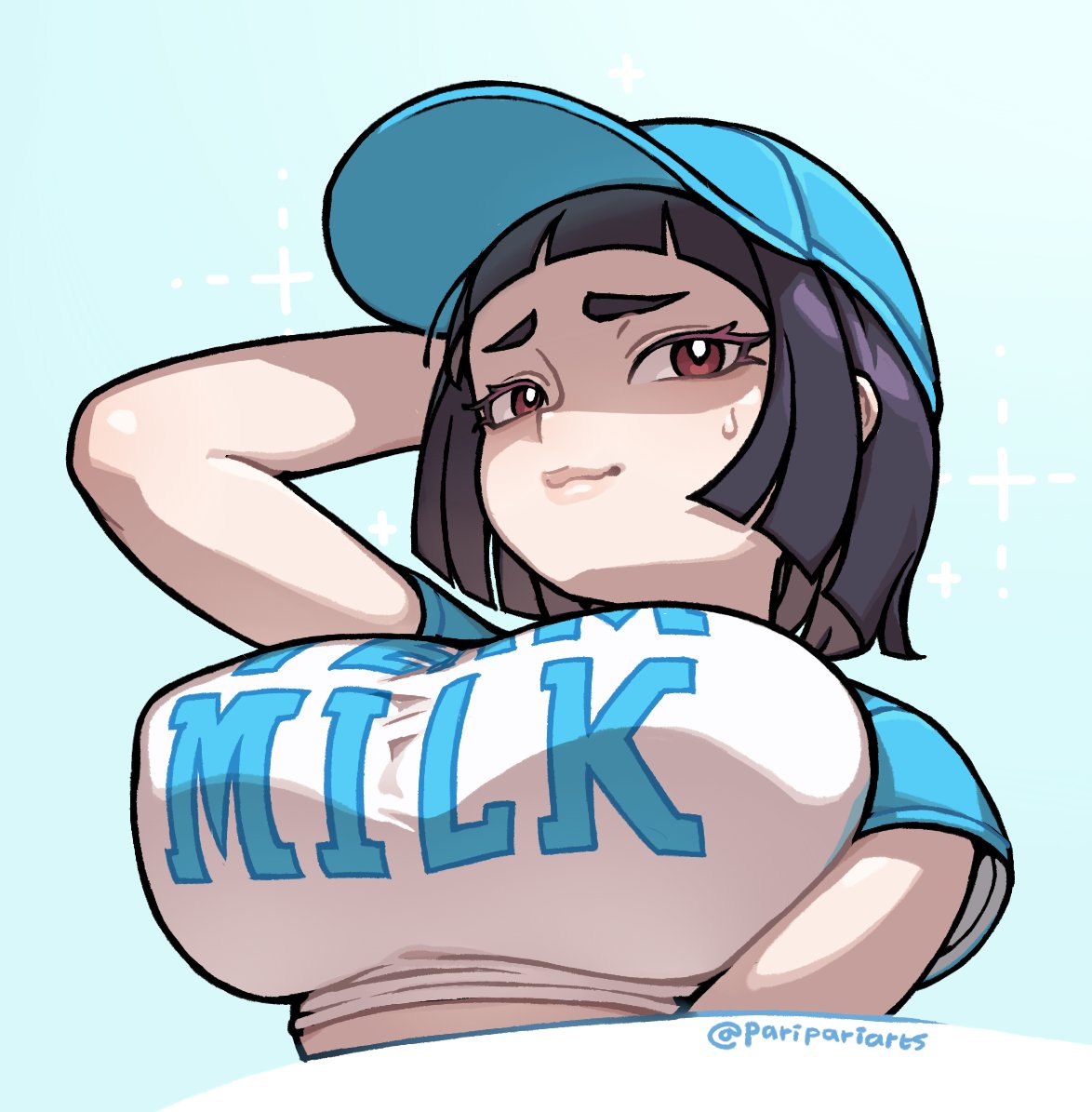 1girl arm_behind_head baseball_cap black_hair blue_background blue_hat blunt_ends breasts brown_hair commission english_commentary from_below hair_behind_ear hat large_breasts looking_to_the_side meen mega_milk nervous original shaded_face shirt short_bangs short_hair smile solo sparkle sweatdrop white_shirt