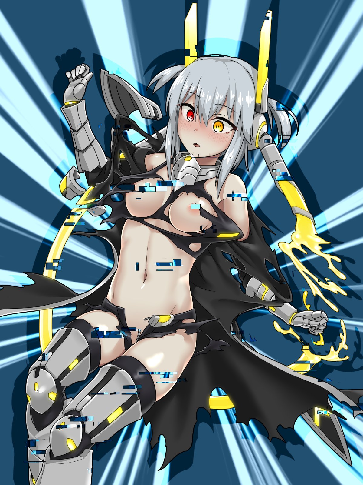 1girl :o ai_yori_akashi areola_slip black_cape blush breasts cape colored_skin cosmic_break cosmic_break_2 digital_dissolve gauntlets glitch grey_hair grey_skin headpiece heterochromia highres leg_armor navel open_clothes open_shorts red_eyes rinka_lynx short_hair short_shorts shorts small_breasts surprised thighhighs torn_clothes yellow_eyes