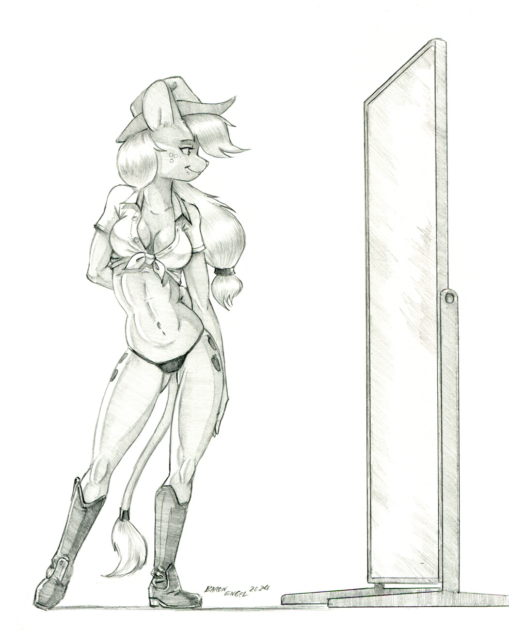 2024 alternate_species anthro applejack_(mlp) baron_engel breasts cleavage clothed clothing cutie_mark female friendship_is_magic fur hair half-closed_eyes hasbro hat headgear headwear hi_res mammal mirror mouse murid murine my_little_pony narrowed_eyes navel panties pose rodent shirt solo story story_at_source story_in_description tail tail_tuft topwear tuft underwear
