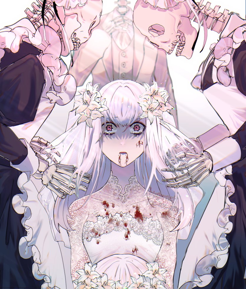 1girl 3others alternate_costume apron blood blood_on_clothes blood_on_face collarbone commentary_request dress fire_emblem fire_emblem:_three_houses flower hair_flower hair_ornament ice_ice_mint long_hair lysithea_von_ordelia maid maid_apron multiple_others open_mouth red_eyes skeleton skull suit tears white_dress white_flower white_hair