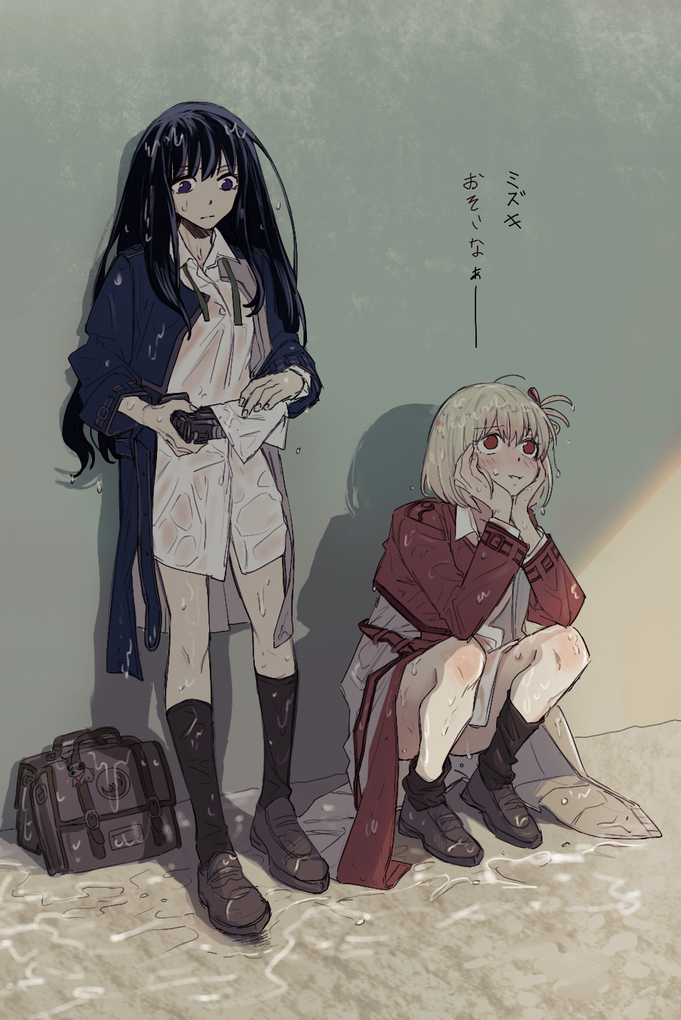 2girls bag black_hair black_socks blonde_hair blue_dress blush brown_footwear closed_mouth commentary day dress full_body gun handgun highres holding holding_gun holding_weapon inoue_takina kneehighs koyomania loafers long_hair long_sleeves lycoris_recoil lycoris_uniform medium_hair multiple_girls nishikigi_chisato open_clothes open_dress outdoors purple_eyes red_dress red_eyes shadow shirt shoes socks squatting translation_request weapon wet wet_clothes wet_hair white_shirt