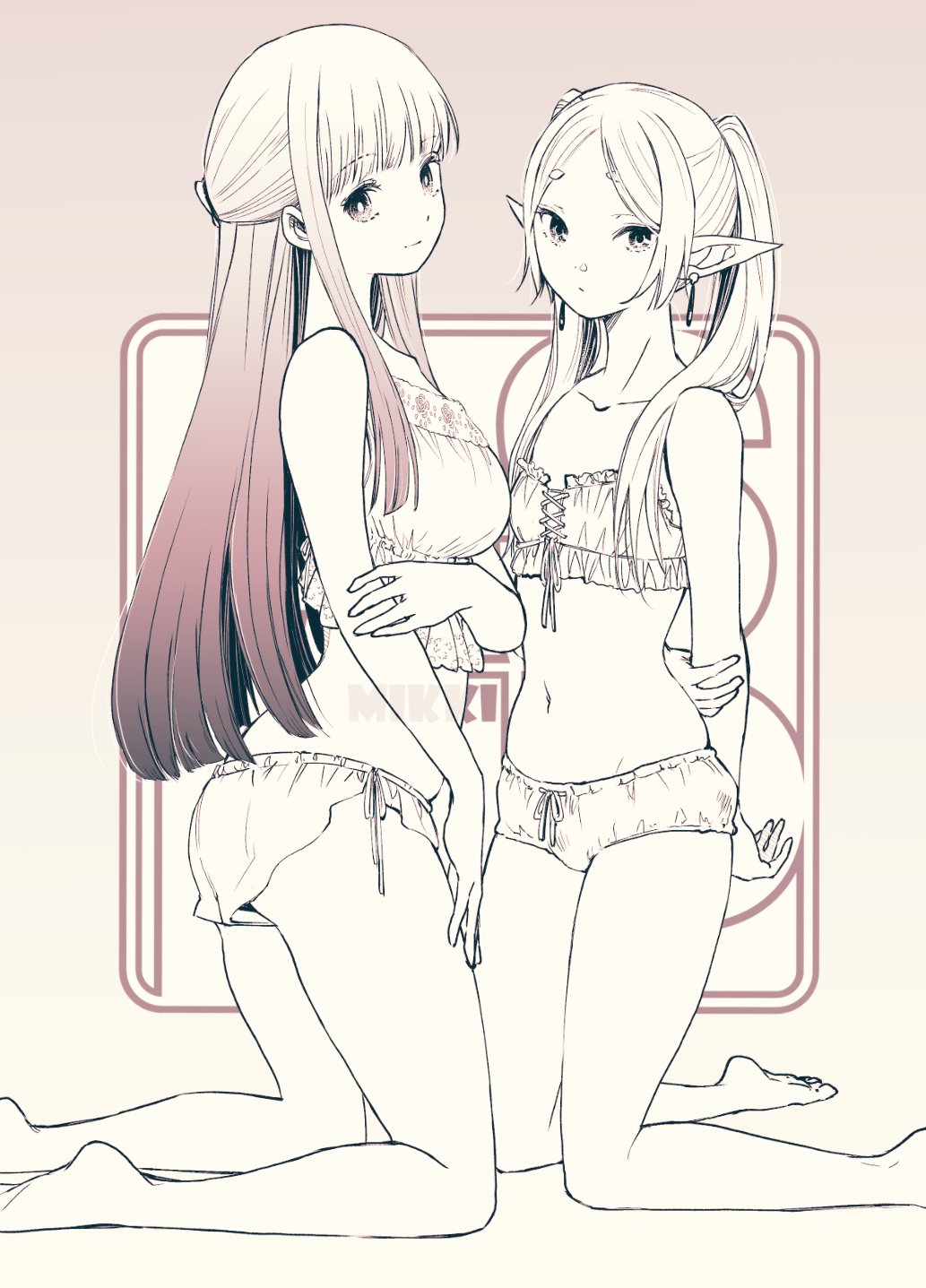 2girls arm_behind_back arm_under_breasts barefoot bra breasts camisole closed_mouth commentary_request cross-laced_clothes drawstring earrings elf feet_out_of_frame fern_(sousou_no_frieren) flat_chest floral_print frieren frills from_side front-tie_top hair_ornament hair_over_shoulder half_updo highres jewelry kneeling logo long_hair looking_at_viewer looking_to_the_side medium_breasts mikki_(asmp) multiple_girls navel panties parted_bangs plantar_flexion pointy_ears side-tie_panties smile soles sousou_no_frieren twintails underwear underwear_only
