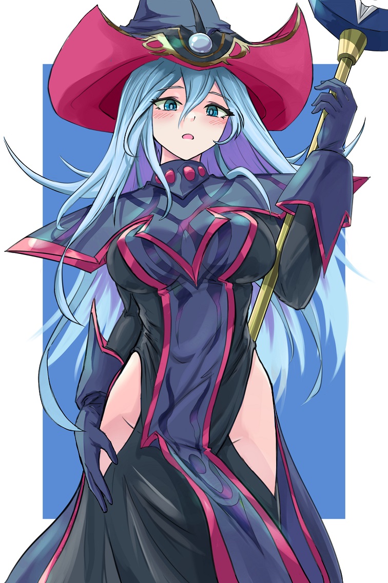 1girl black_dress black_gloves black_hat blue_hair blush breasts commentary_request dress forehead_jewel gem gloves hand_on_own_hip hat hip_vent holding holding_staff large_breasts long_hair looking_at_viewer nasubi3632 official_alternate_color open_mouth red_eyes red_hat silent_magician simple_background solo staff very_long_hair wand witch witch_hat yu-gi-oh! yu-gi-oh!_duel_monsters