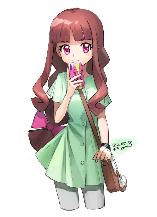 1girl bag bow brown_bag brown_hair closed_mouth cropped_legs dated digimon digimon_ghost_game eyelashes fon-due_(fonfon) green_shirt grey_pants hair_bow handbag holding holding_phone long_shirt pants phone pink_bow pink_eyes shirt short_sleeves signature smile tsukiyono_ruli