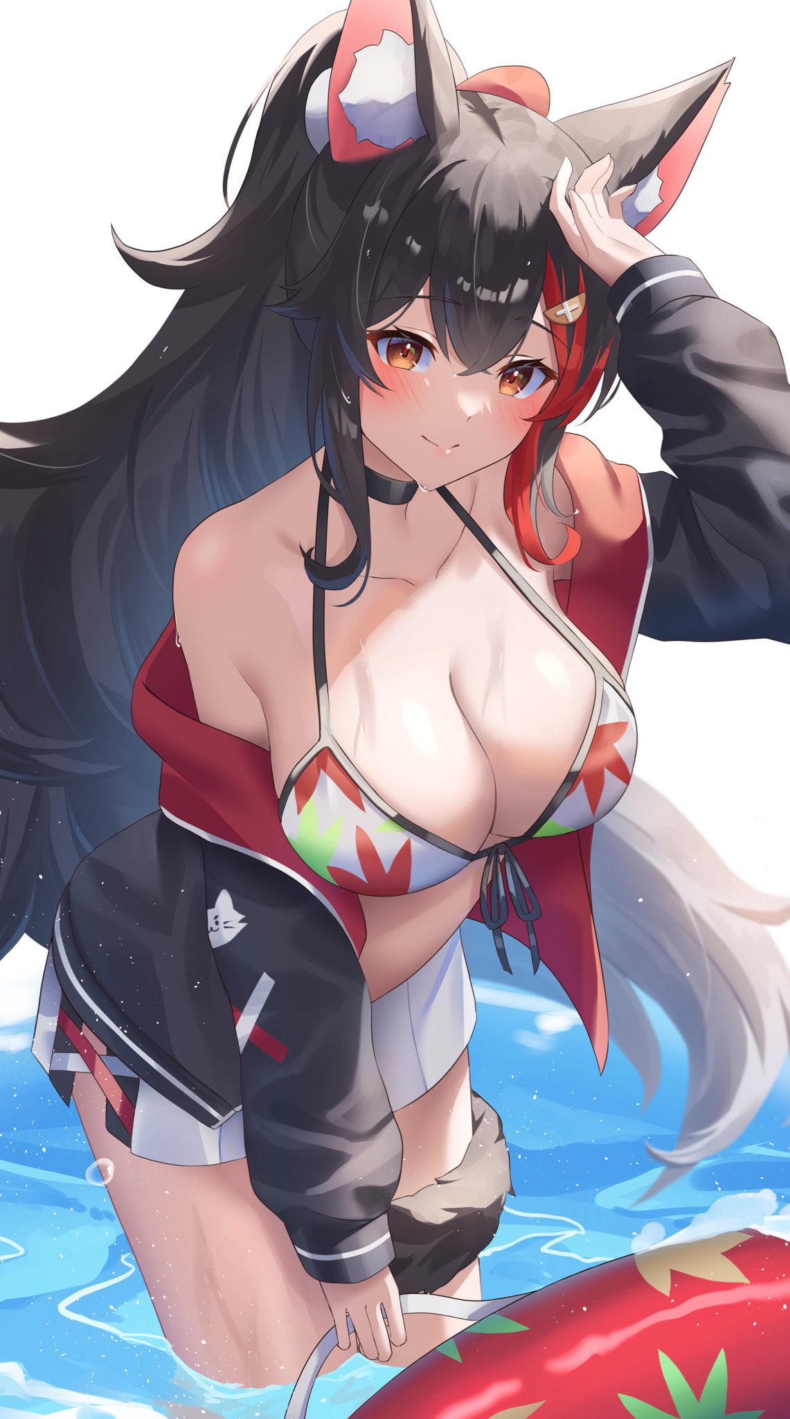 1girl animal_ears bikini black_choker black_hair black_jacket blush breasts choker cleavage closed_mouth collarbone front-tie_bikini_top front-tie_top hair_ornament hairclip highres hololive hood hooded_jacket jacket large_breasts leaf_print long_hair looking_at_viewer official_alternate_costume official_alternate_hairstyle ookami_mio ookami_mio_(hololive_summer_2019) open_clothes open_jacket pendora1022 print_bikini red_hair shorts side_slit side_slit_shorts sidelocks simple_background smile solo standing standing_on_liquid swimsuit tail thigh_strap two-sided_fabric two-sided_jacket very_long_hair water wet white_background white_bikini white_shorts wide_ponytail wolf_ears wolf_girl wolf_tail