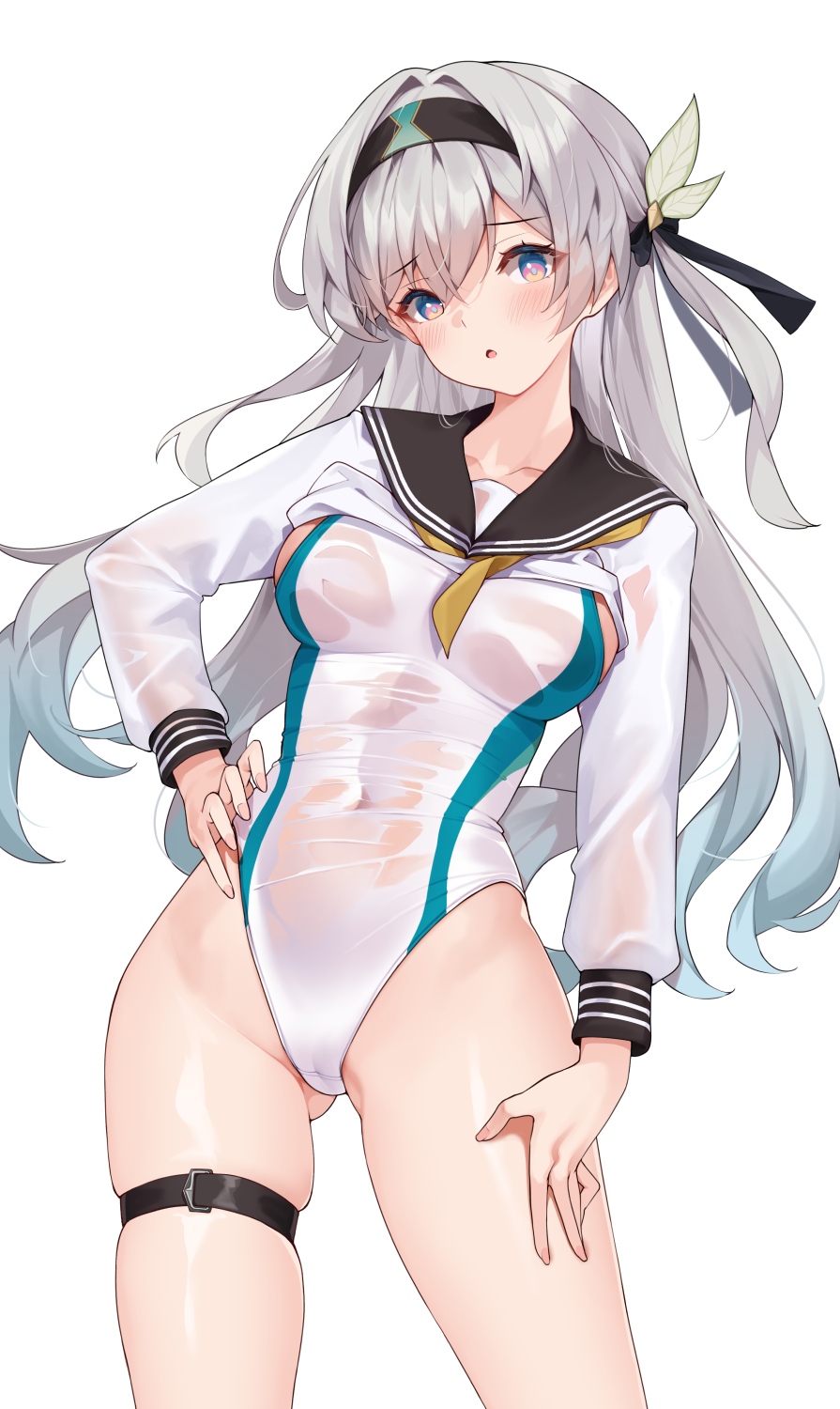 1girl alternate_costume ass_visible_through_thighs black_hairband black_sailor_collar clothes_lift collarbone commentary_request contrapposto cropped_shirt firefly_(honkai:_star_rail) grey_hair hair_intakes hair_ornament hairband hand_on_own_hip highres honkai:_star_rail honkai_(series) long_hair long_sleeves looking_at_viewer matrix16 neckerchief one-piece_swimsuit open_mouth puffy_long_sleeves puffy_sleeves purple_eyes sailor_collar see-through see-through_shirt see-through_sleeves shirt shirt_lift skindentation solo swimsuit thigh_strap thighs undone_neckerchief upper_body white_one-piece_swimsuit white_shirt yellow_neckerchief