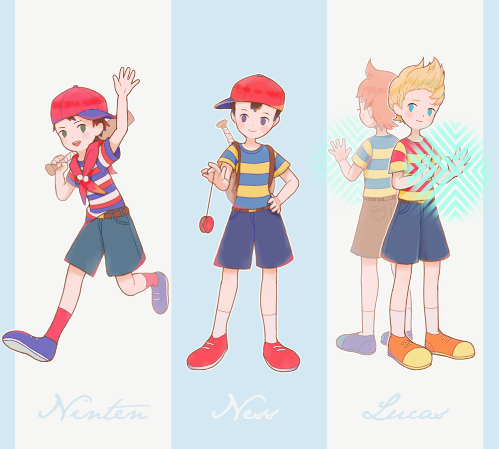 4boys back-to-back backpack bag baseball_bat black_hair blonde_hair blue_eyes blue_footwear blue_shorts brown_bag brown_shorts casting_spell claus_(mother_3) full_body green_eyes hand_on_own_hip holding holding_baseball_bat lucas_(mother_3) male_focus memi_(gamemix) mother_(game) mother_1 mother_2 mother_3 multiple_boys neckerchief ness_(mother_2) ninten orange_footwear over_shoulder red_footwear red_hat red_neckerchief red_socks shirt shoes short_hair shorts sideways_hat smile socks striped_clothes striped_shirt waving yo-yo