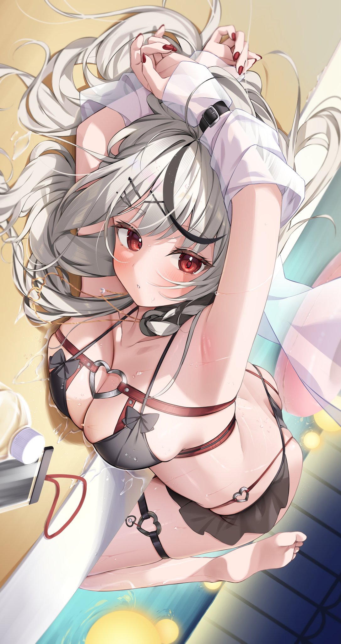 1girl alternate_costume armpits ass belt bikini black_belt black_bikini black_bow black_hair blush bottle bow braid breasts butt_crack collarbone dot_nose feet fingernails frilled_bikini frills full_body glowing grey_hair hair_ornament hairclip hashtag-only_commentary heart heart_necklace heart_o-ring highres hino_kagutsuki hololive jewelry large_breasts multicolored_hair necklace pool red_eyes red_nails sakamata_chloe solo streaked_hair swimsuit thigh_strap two-tone_hair virtual_youtuber wet