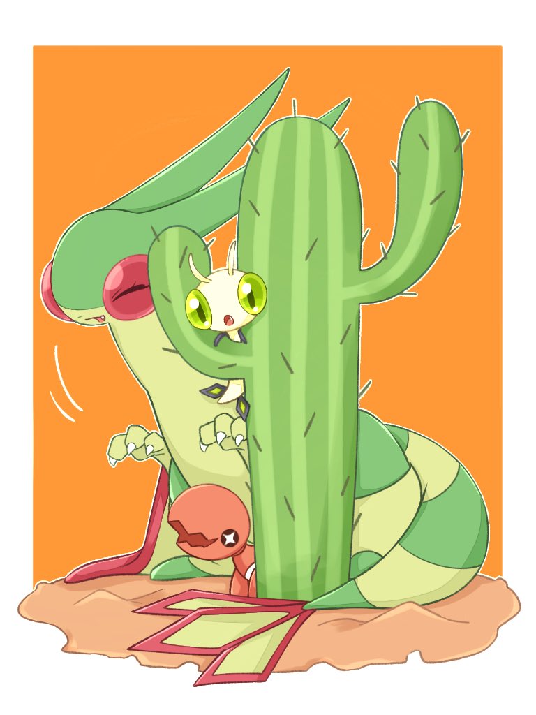 ^_^ animal_focus border cactus claws closed_eyes colored_skin commentary_request evolutionary_line fangs flygon green_eyes green_skin i_be_e no_humans open_mouth orange_background orange_skin outside_border pokemon pokemon_(creature) simple_background skin_fangs star-shaped_pupils star_(symbol) symbol-shaped_pupils tail trapinch vibrava white_border