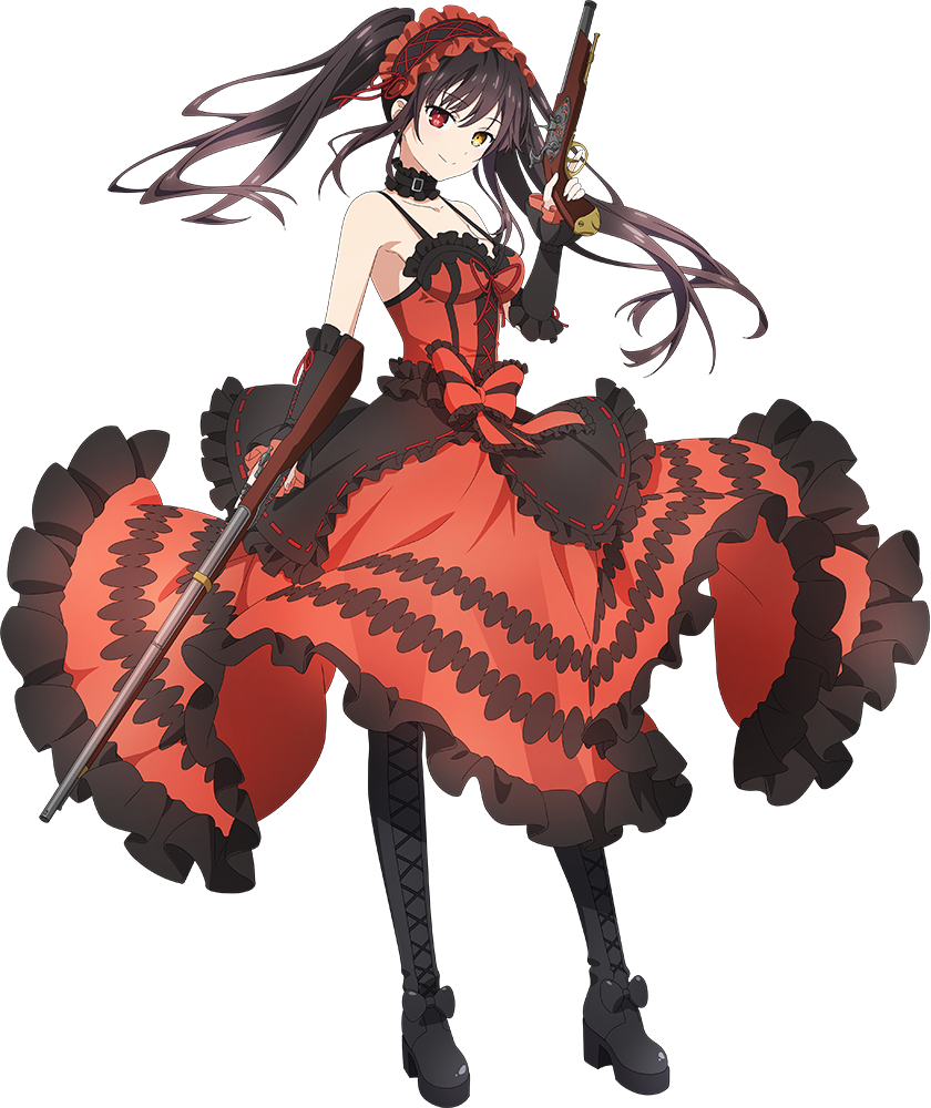 1girl antique_firearm black_footwear black_hair boots breasts cross-laced_footwear date_a_live dress firelock flintlock frilled_dress frills full_body gun hairband heterochromia holding holding_gun holding_weapon lolita_fashion lolita_hairband medium_breasts official_art red_dress red_eyes smile solo tokisaki_kurumi transparent_background twintails weapon