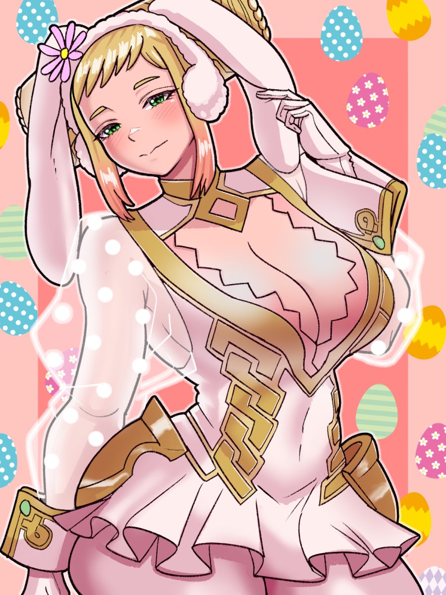 armor blonde_hair breasts cosplay easter_egg egg fire_emblem fire_emblem_heroes gradient_hair henriette_(fire_emblem) highres large_breasts mnejing30 multicolored_hair pauldrons pink_hair see-through see-through_sleeves sharena_(fire_emblem) sharena_(fire_emblem)_(cosplay) shoulder_armor single_pauldron