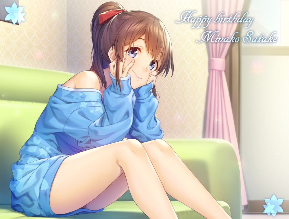 1girl blue_eyes blue_sweater bottomless bow brown_hair couch hair_bow hands_on_own_face happy_birthday idolmaster idolmaster_million_live! legs long_hair long_sleeves looking_at_viewer nanaran no_pants off_shoulder oversized_clothes ponytail red_bow satake_minako sitting solo sweater