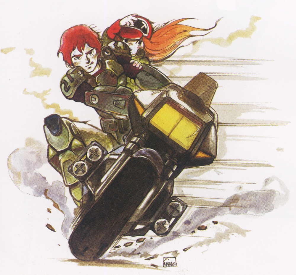 1980s_(style) amano_yoshitaka armor body_armor child debris dust_cloud english_commentary hat holding_own_head kikou_souseiki_mospeada light machinery mecha mint_labule missile missile_pod mospeada mospeada_(mecha) motion_lines motor_vehicle motorcycle official_art orange_hair painting_(medium) power_armor production_art promotional_art ray_(mospeada) red_hair retro_artstyle ride_armor riding robot scan science_fiction signature size_difference smirk tire traditional_media watercolor_(medium)