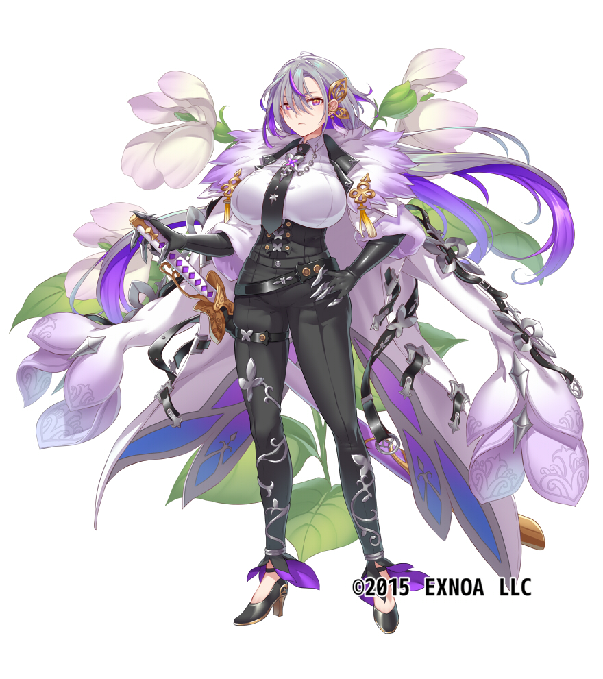 1girl belt breasts closed_mouth dress flower_knight_girl full_body high_heels large_breasts legs looking_at_viewer mataichi_mataro necktie official_art purple_eyes purple_hair red_eyes solo standing sword thighs weapon white_background white_dress white_hair yellow_eyes