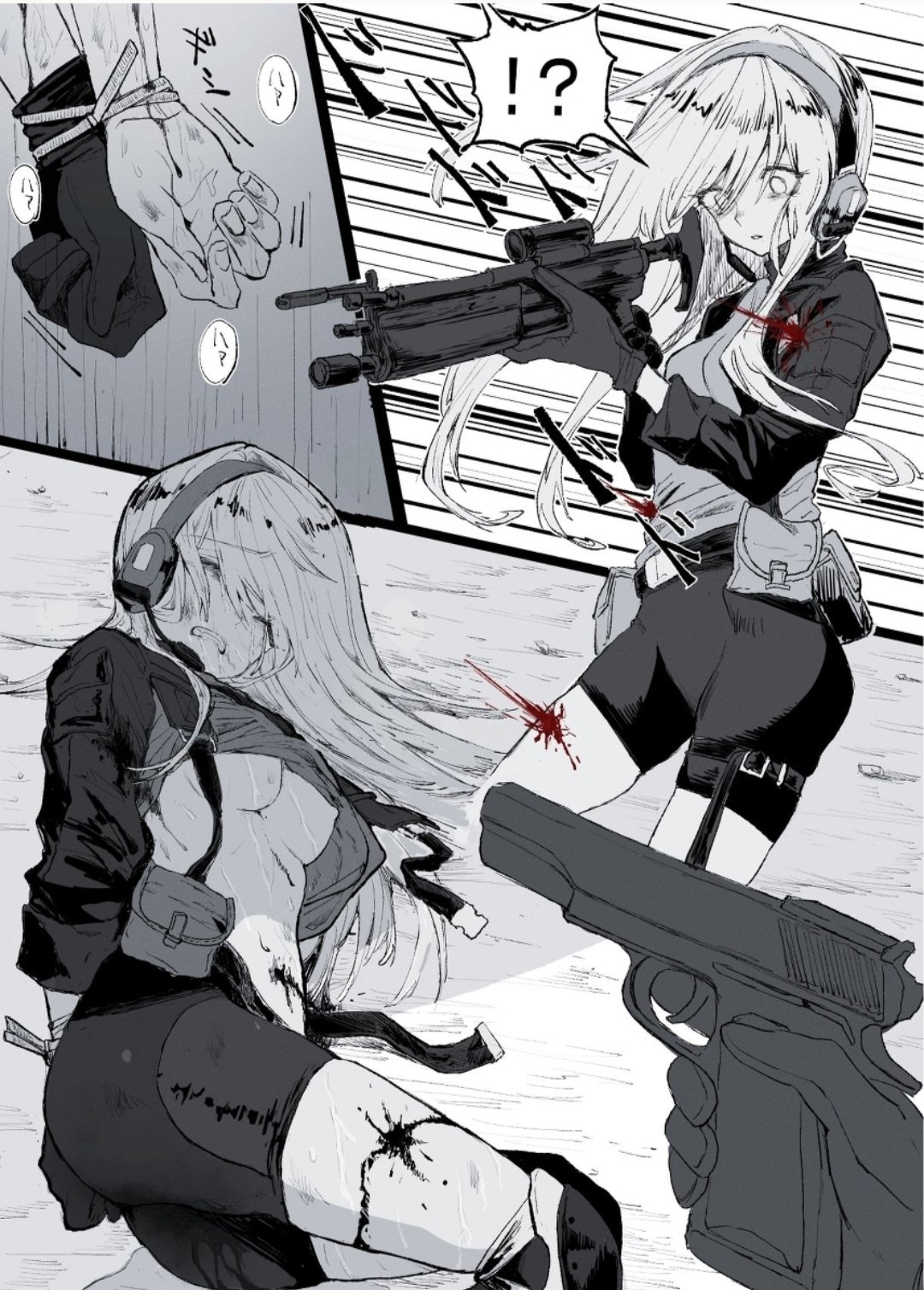 !? 1girl blood bound bound_wrists breasts commentary_request crying crying_with_eyes_open gloves greyscale gun handgun headphones highres holding holding_gun holding_weapon injury long_sleeves looking_at_viewer medium_breasts monochrome nipples original out_of_frame pouch red_hod shorts solo_focus spoken_interrobang spot_color tears weapon wince