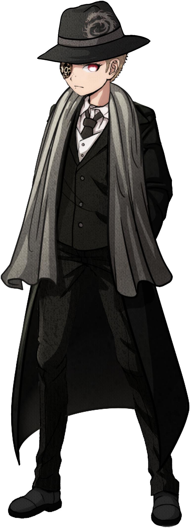 1boy alternate_costume black_footwear black_jacket black_necktie black_pants blonde_hair chomaeki danganronpa_(series) danganronpa_2:_goodbye_despair danganronpa_3_(anime) eyepatch fedora hands_in_pockets hat highres jacket long_sleeves looking_at_viewer necktie official_alternate_costume pants scarf shirt shoes solo suit white_shirt