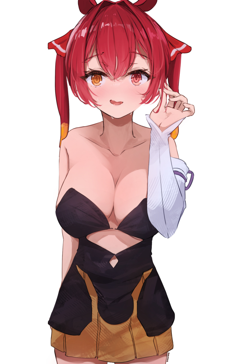 1girl @_@ alternate_costume bare_shoulders black_dress blush breasts cleavage cosplay detached_sleeves dress hair_ribbon heterochromia hololive hololive_english houshou_marine large_breasts long_hair looking_at_viewer malvar ninomae_ina'nis ninomae_ina'nis_(1st_costume) ninomae_ina'nis_(cosplay) open_mouth red_eyes red_hair red_ribbon ribbon single_sleeve skirt smile solo strapless strapless_dress tube_dress twintails virtual_youtuber white_background yellow_eyes yellow_skirt