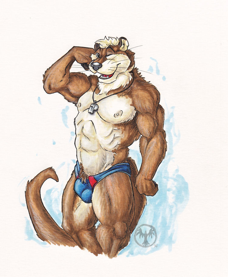 2014 abs anthro balls_outline biceps biped bulge clothed clothing coach detailed_bulge flexing flexing_bicep genital_outline looking_at_viewer male male_anthro mammal manly muscular mustelid neverwolf nipples one_eye_closed otter pecs penis_outline pose pubes simple_background smile smiling_at_viewer solo speedo speedo_only standing swimwear topless triceps whistle_(object) wink winking_at_viewer