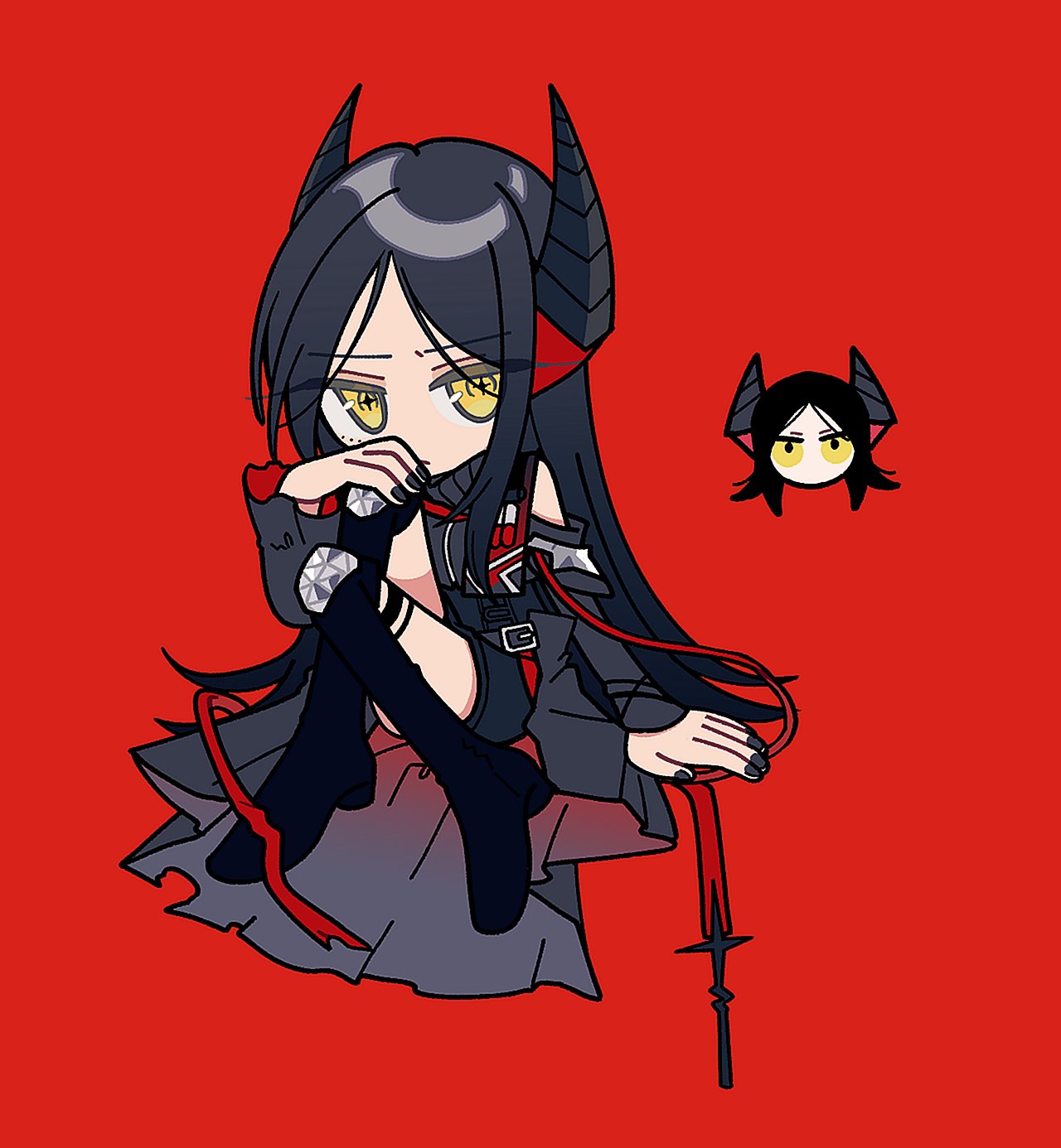 1girl arknights arm_support black_coat black_dress black_footwear black_hair black_nails boots chibi coat commentary cross-shaped_pupils dress full_body highres horns ines_(arknights) knees_up long_hair looking_at_viewer red_background sanada_ima sidelocks simple_background solo symbol-shaped_pupils thigh_boots yellow_eyes