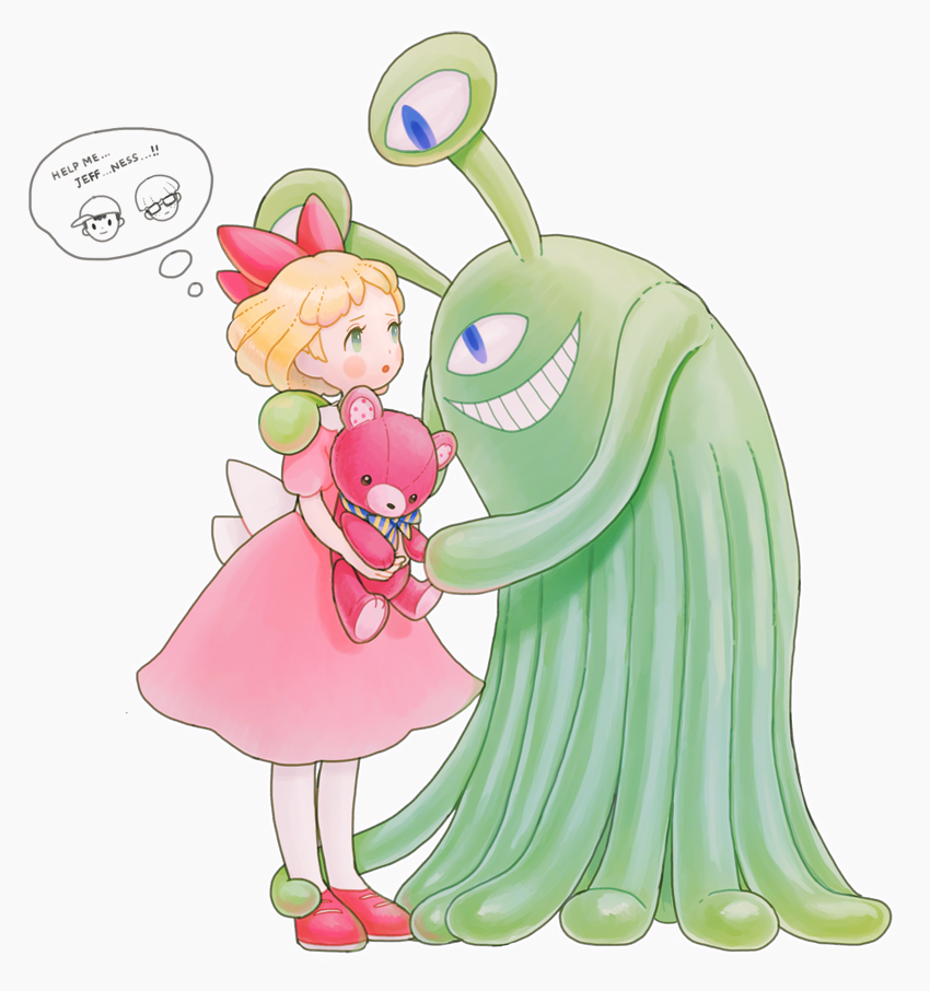 1girl alien blonde_hair blush_stickers bow department_store_spook dress english_text full_body green_eyes grin holding holding_stuffed_toy jeff_andonuts kidnapped memi_(gamemix) mother_(game) mother_2 ness_(mother_2) open_mouth pantyhose paula_(mother_2) pink_dress red_footwear scared smile stuffed_animal stuffed_toy teddy_bear tentacles third_eye thought_bubble waist_bow white_background white_pantyhose