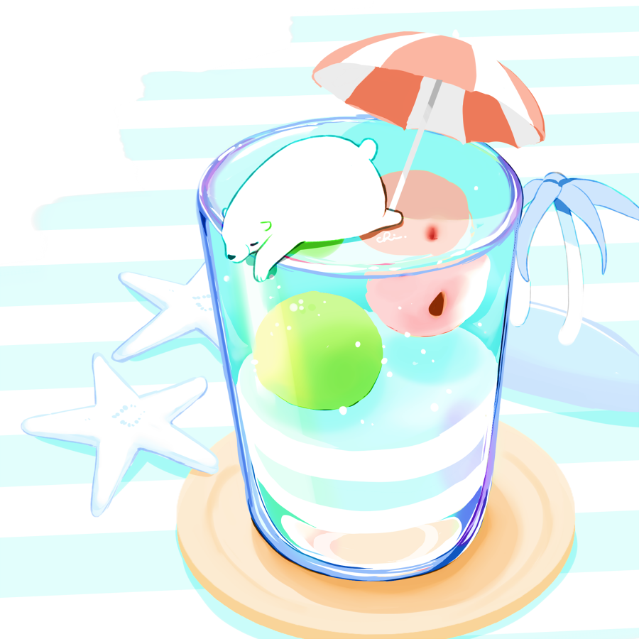 animal beach_umbrella bear chai_(drawingchisanne) coaster commentary_request cup dessert drinking_glass food food_focus gelatin glass jelly lying no_humans on_food on_stomach original palm_tree polar_bear signature starfish striped striped_background tree umbrella undersized_animal