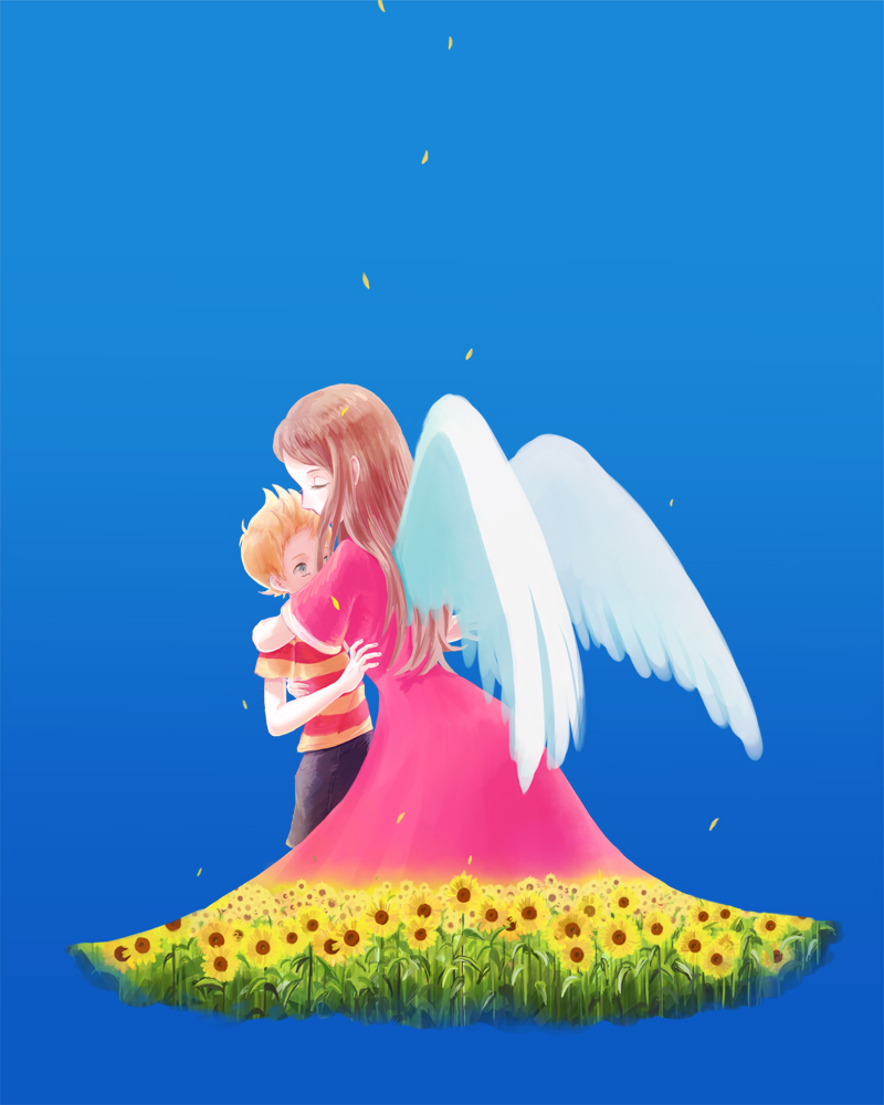 1boy 1girl angel_wings black_shorts blonde_hair blue_background blue_eyes brown_hair closed_eyes dress falling_petals field flower flower_field hinawa hug lucas_(mother_3) memi_(gamemix) mother_(game) mother_3 mother_and_son petals pink_dress short_sleeves shorts sunflower sunflower_field wings yellow_flower