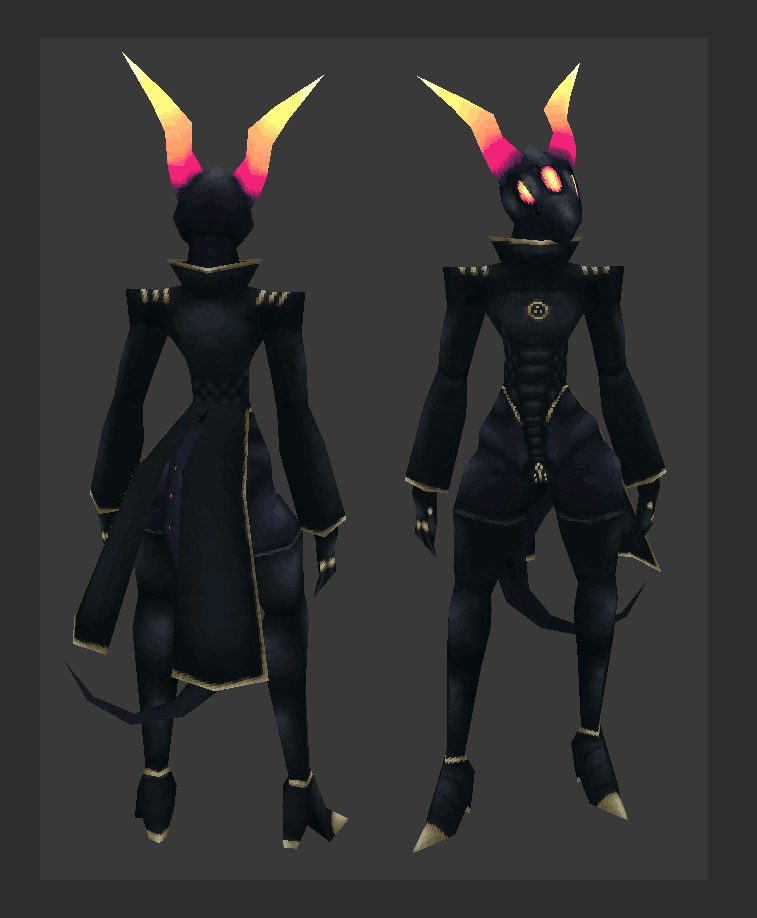 2017 3_eyes 3d_(artwork) ambiguous_gender animated anthro clothing coattails demon digital_media_(artwork) dtstat flat_chested footwear high_cut_leotard high_heels horn humanoid kadiblis_(dtstat) legwear leotard low_poly multi_eye multicolored_eyes purple_eyes solo story thigh_highs two_tone_eyes uniform wide_hips yellow_eyes