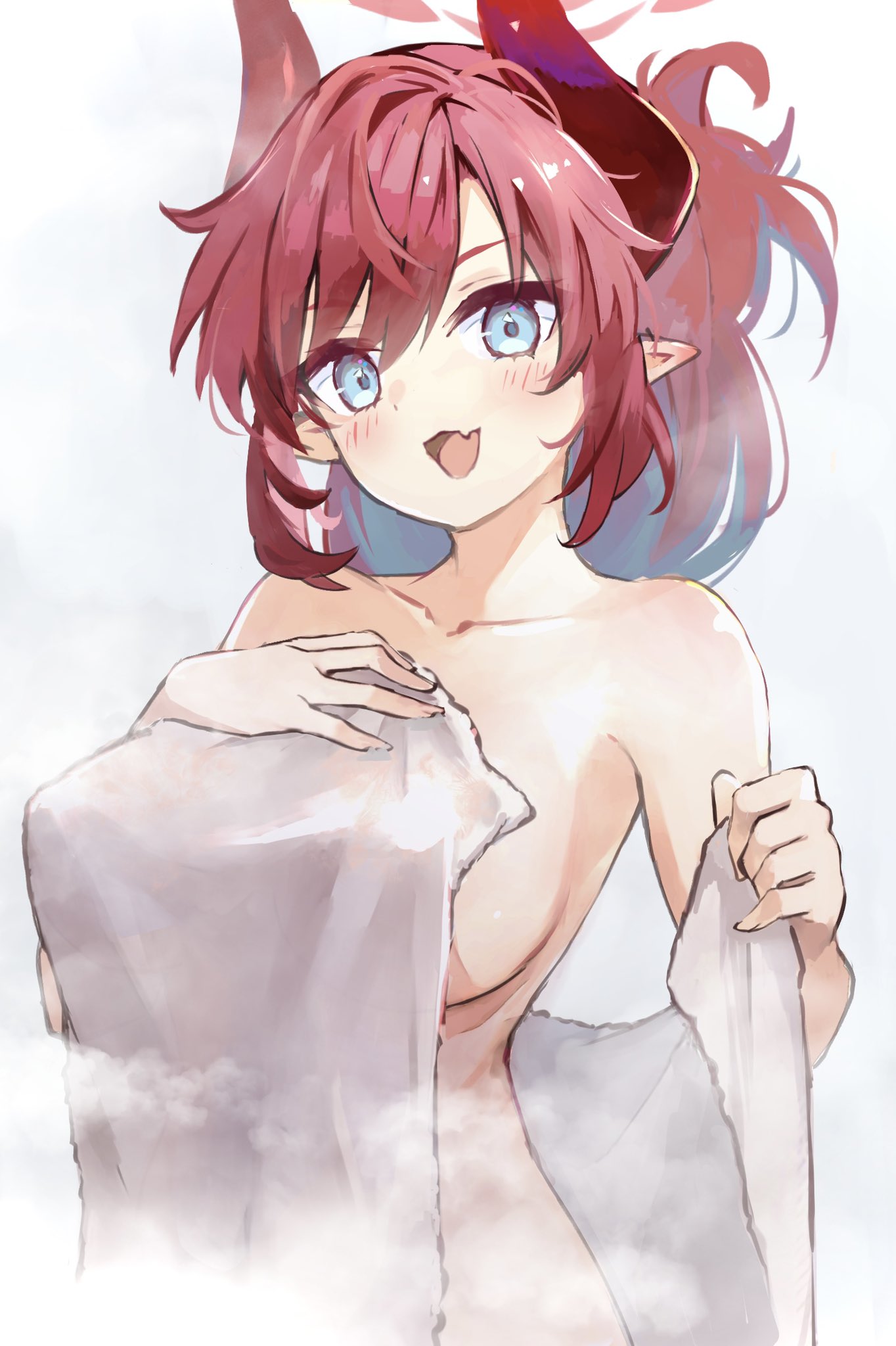 1girl blue_archive blue_eyes blush breasts collarbone fang halo hand_on_own_chest highres holding holding_towel horns large_breasts long_hair looking_at_viewer megu_(blue_archive) naked_towel nude open_mouth pointy_ears red_hair sakura_akami sidelocks skin_fang smile solo standing steam towel upper_body white_background