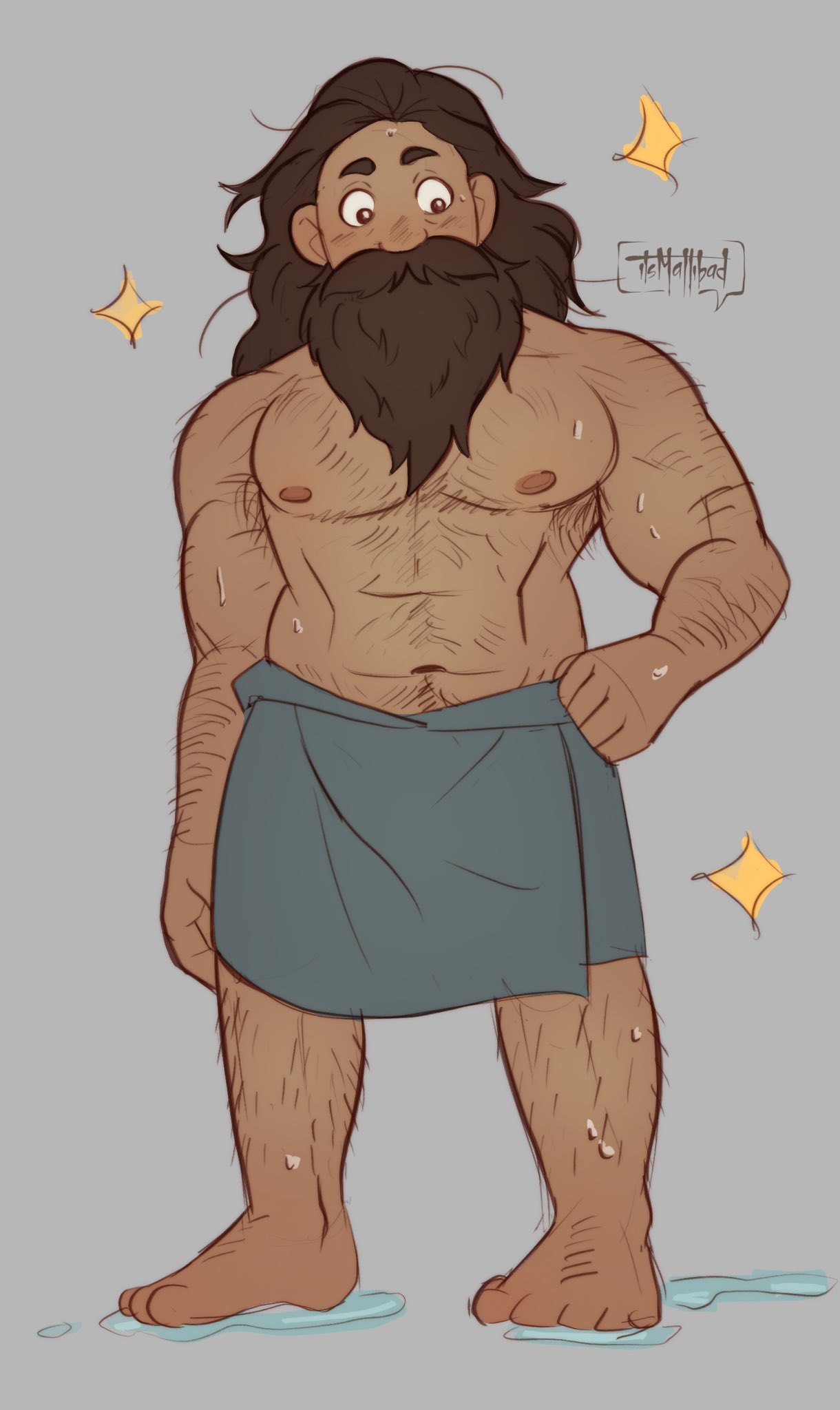 1boy after_bathing armpit_hair armpit_hair_peek bara beard brown_hair dark-skinned_male dark_skin dungeon_meshi dwarf facial_hair full_beard full_body hairy highres long_beard male_focus mattibad mature_male muscular muscular_male navel nipples senshi_(dungeon_meshi) solo sparkle_background sparse_chest_hair standing stomach thick_arm_hair thick_beard thick_leg_hair thick_mustache thick_navel_hair topless_male towel_around_waist