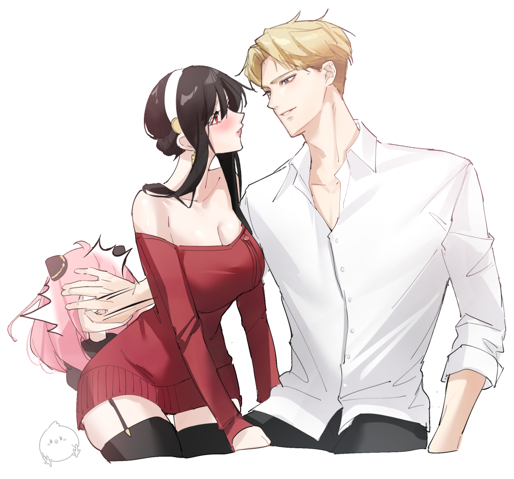 1boy 2girls anya_(spy_x_family) bangs bare_shoulders black_hair black_legwear blonde_hair cain_art811 commentary_request dress eye_contact garter_straps grey_eyes grin hair_cones hairband long_hair long_sleeves looking_at_another multiple_girls off-shoulder_dress off_shoulder parted_lips pink_hair red_dress red_eyes shirt short_dress short_hair sidelocks simple_background smile spy_x_family thighhighs twilight_(spy_x_family) white_background white_hairband white_shirt yor_briar