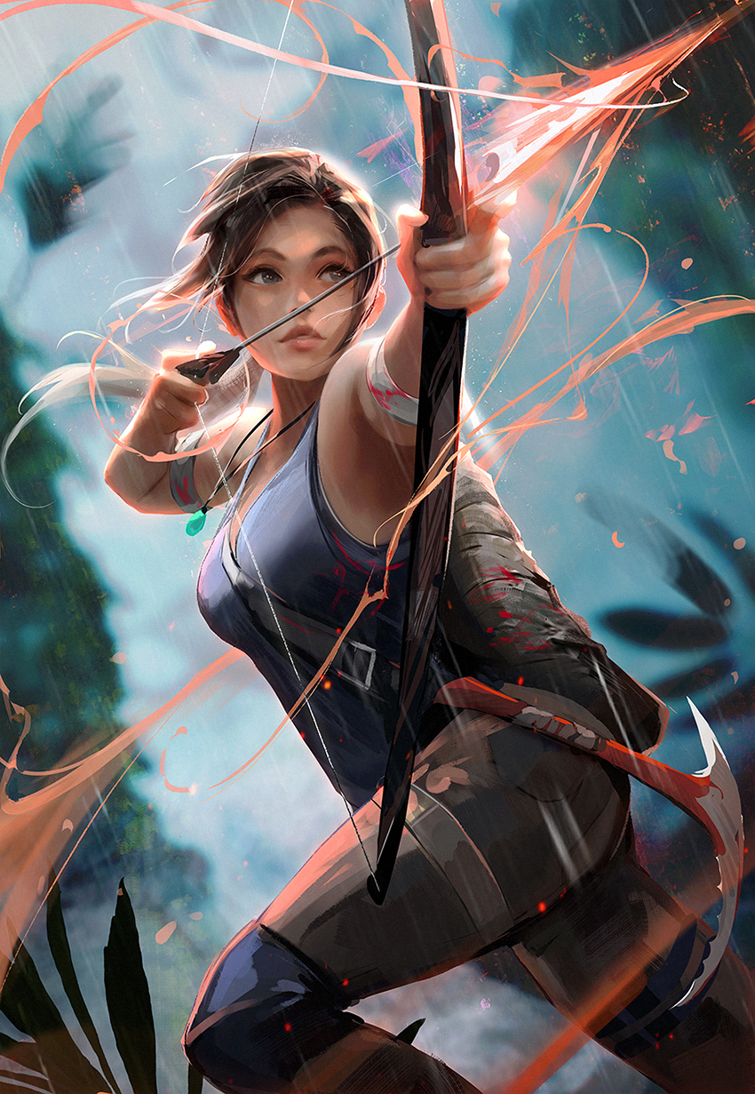 1girl aiming arrow_(projectile) backpack bag bandaged_arm bandages blue_eyes blue_tank_top bow_(weapon) breasts brown_hair brown_pants english_commentary highres holding holding_bow_(weapon) holding_weapon ice_axe knee_pads lara_croft lips long_hair medium_breasts official_art pants ponytail rain ross_tran solo tank_top tomb_raider tomb_raider_(reboot) twisted_torso weapon