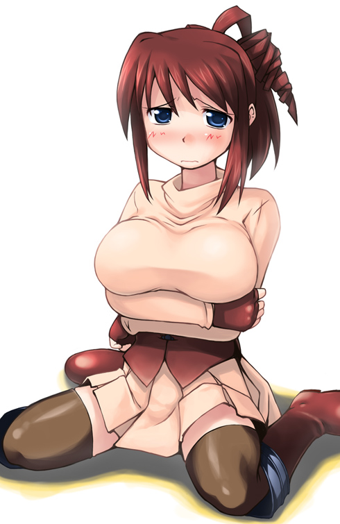 boots breast_hold breasts brown_hair fingerless_gloves gloves ikujitto large_breasts mabinogi solo thighhighs