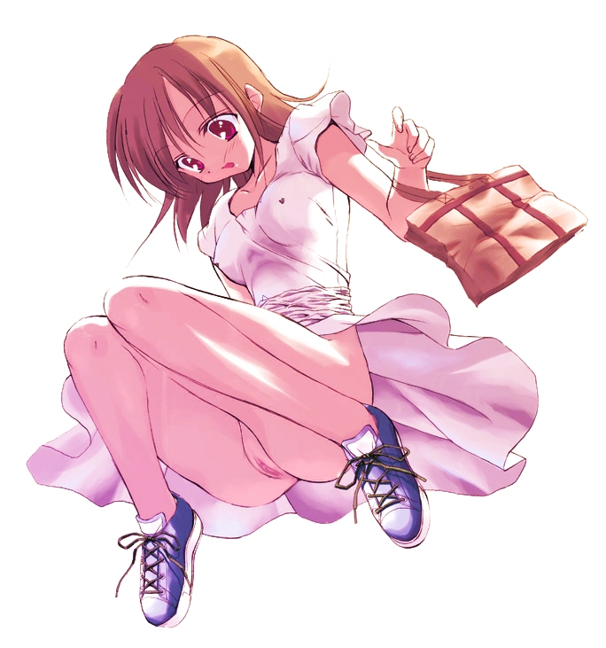 artist_request bag brown_hair copyright_request dress no_panties red_eyes solo uncensored wind wind_lift