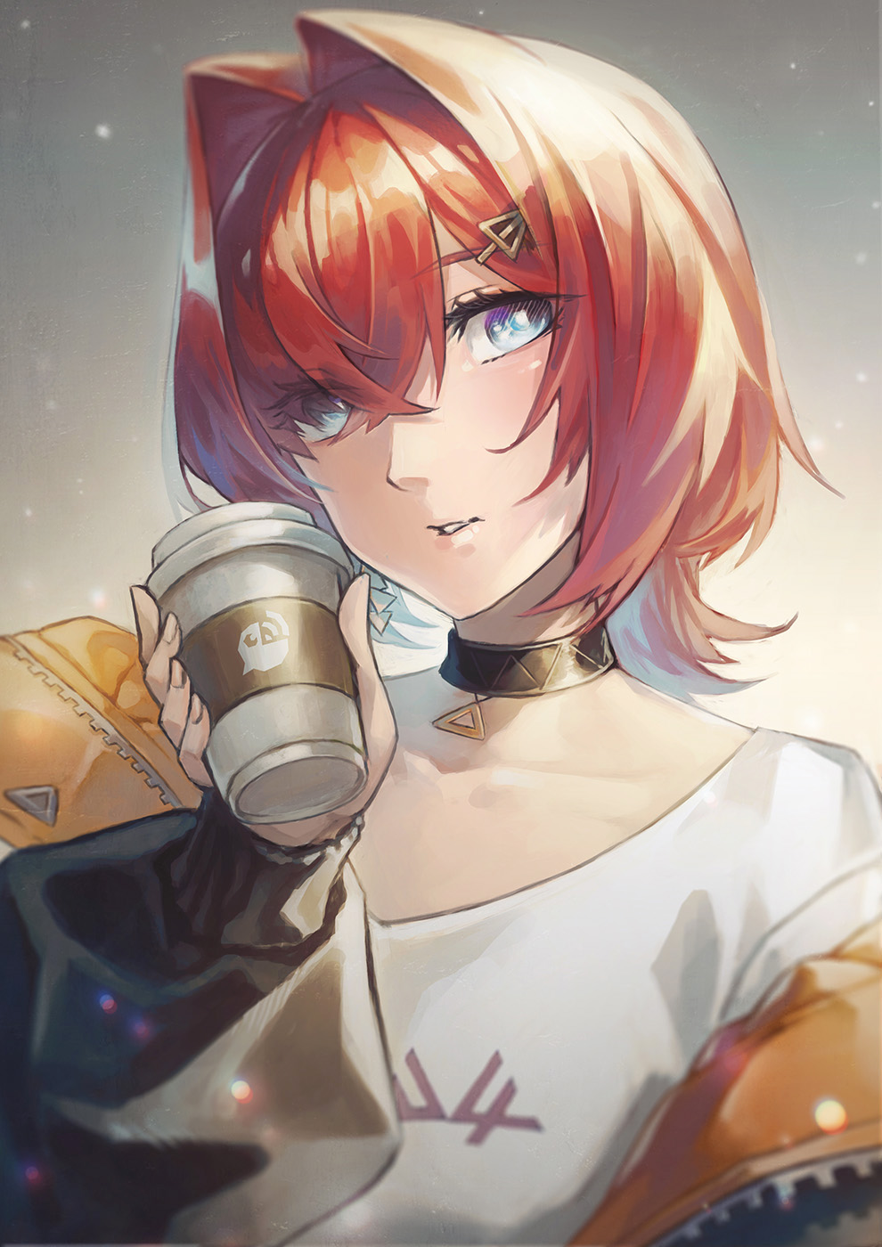 1girl a-er_(akkij0358) ange_katrina bangs blue_eyes choker coffee_cup crossed_bangs cup disposable_cup grey_background highres jacket looking_at_viewer nijisanji official_alternate_costume open_clothes open_jacket red_hair short_hair solo upper_body virtual_youtuber