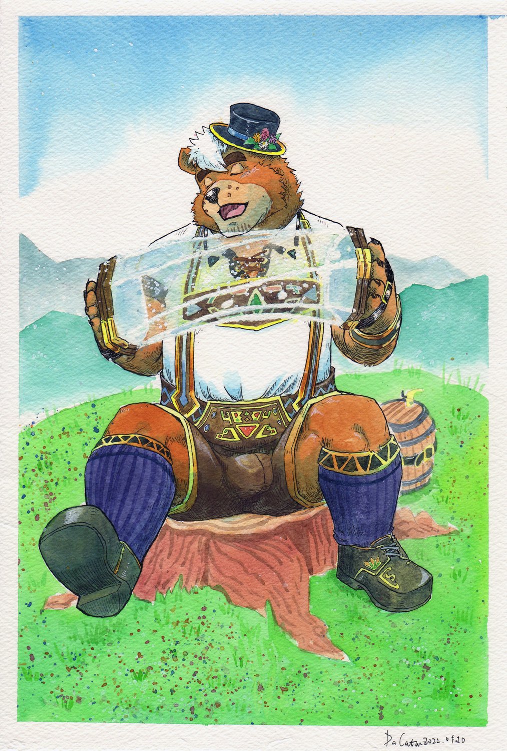 accordion anthro brown_body brown_fur bulge fur goro_(live-a-hero) hair hi_res lederhosen lifewonders live-a-hero male mammal memo123449 musical_instrument playing_music singing solo ursid video_games white_hair