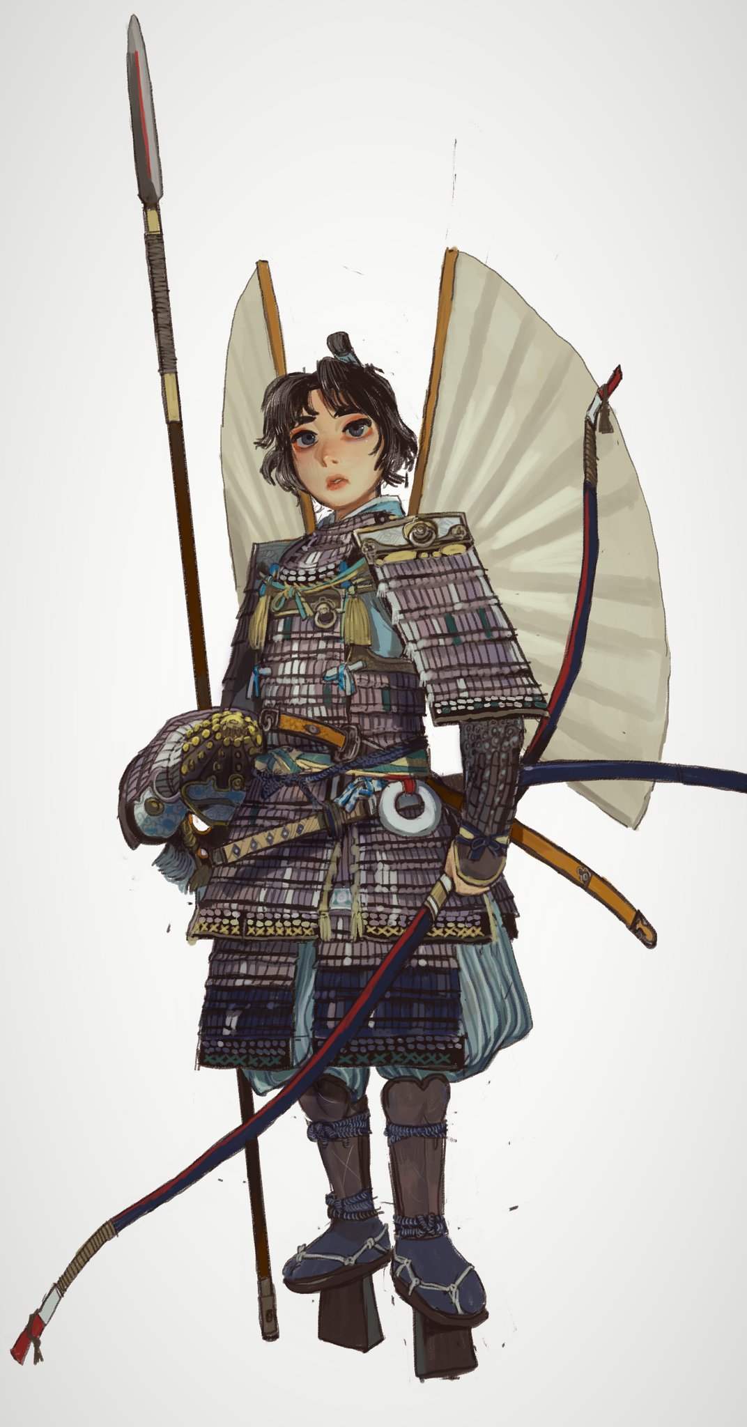 1girl armor blue_eyes blue_pants bow brown_hair folded_ponytail geta hakama hakama_pants highres holding holding_bow holding_polearm holding_weapon japanese_armor japanese_clothes kusazuri looking_at_viewer mossacannibalis original pants parted_lips polearm shoulder_armor simple_background sode solo spear standing tassel tengu-geta weapon white_background yari