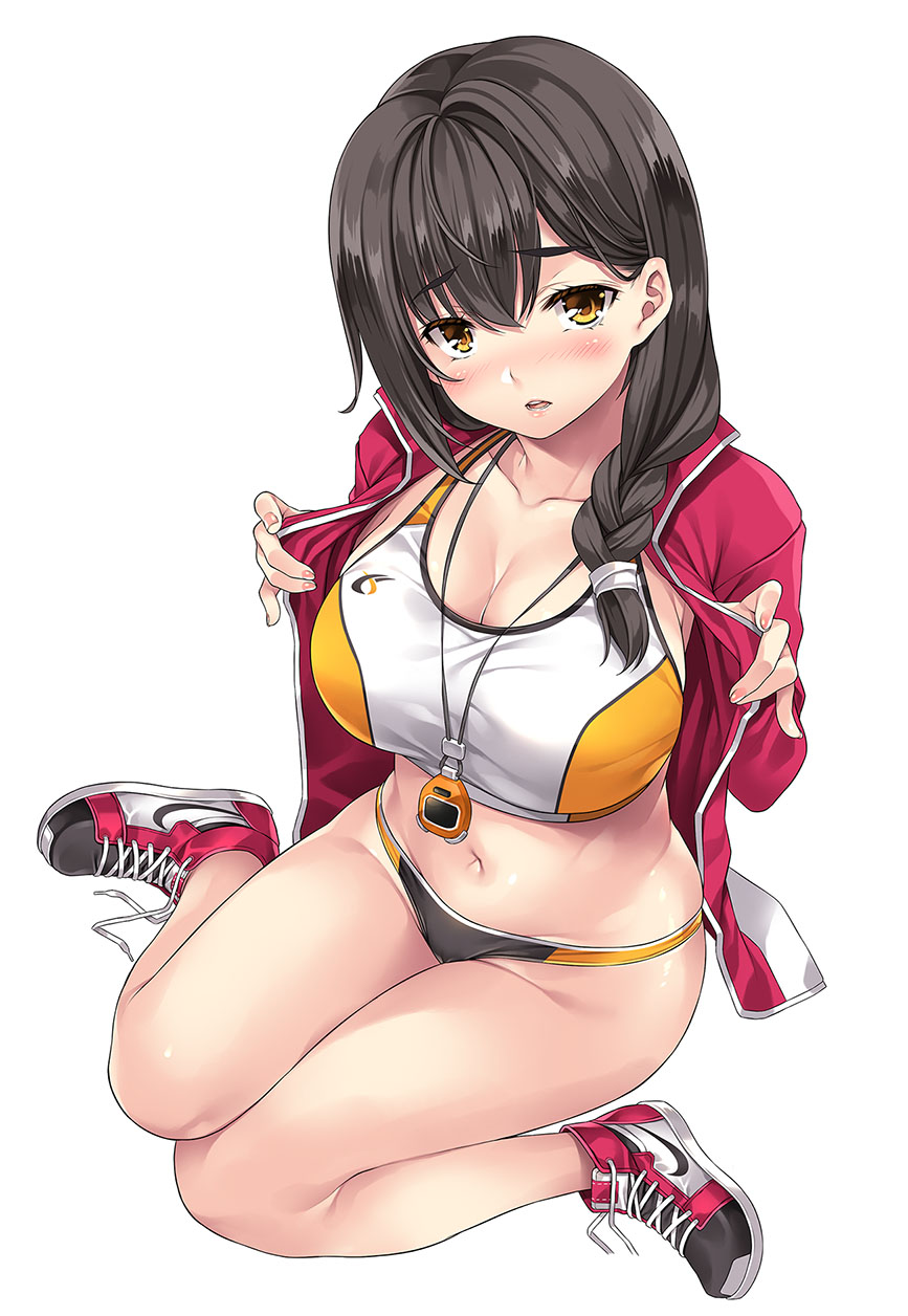 1girl bangs black_hair blush breasts cleavage collarbone eyebrows_visible_through_hair hair_between_eyes highres jacket large_breasts looking_at_viewer mizuhara_yuu navel open_mouth original red_jacket shoes simple_background sitting sneakers solo sports_bra stomach stopwatch stopwatch_around_neck teeth thighs track_jacket track_uniform upper_teeth white_background yellow_eyes