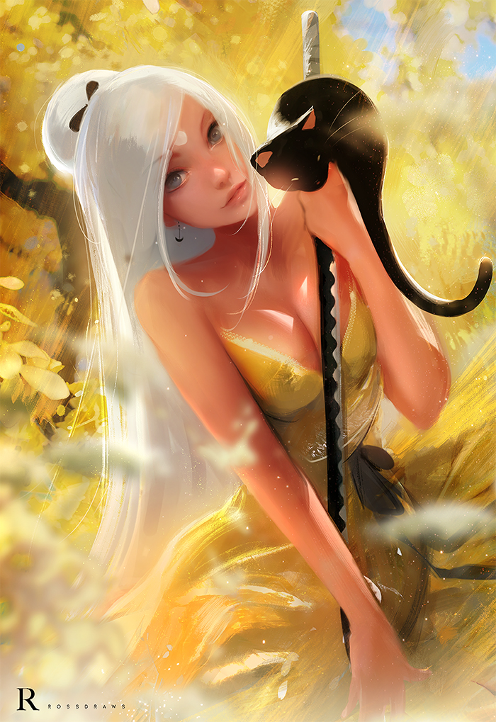 1girl bare_arms bare_shoulders black_cat breasts cat cleavage collarbone grey_eyes large_breasts lips long_hair looking_at_viewer original ross_tran sword weapon white_hair yellow_theme
