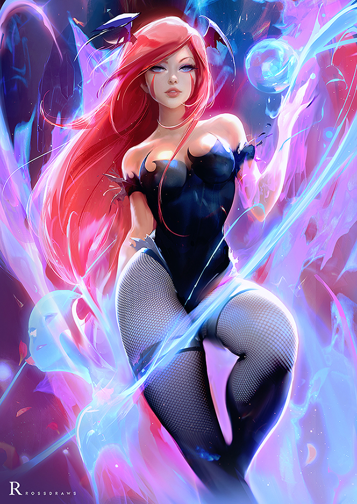 1girl bare_shoulders blue_eyes breasts cleavage facial_mark fishnets head_wings large_breasts lips long_hair osira parted_lips red_hair ross_tran wacom