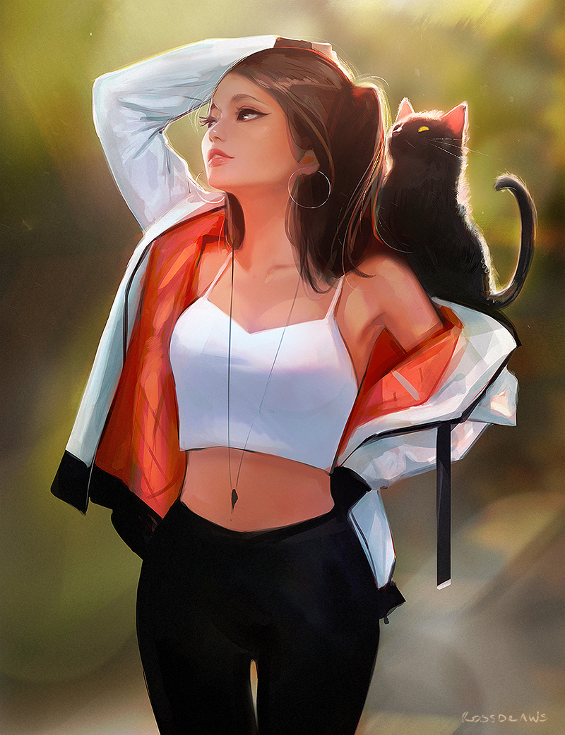 1girl arm_up blurry blurry_background breasts cat cleavage collarbone earrings jewelry lips long_sleeves looking_to_the_side looking_up midriff necklace off_shoulder ross_tran small_breasts tail tail_raised