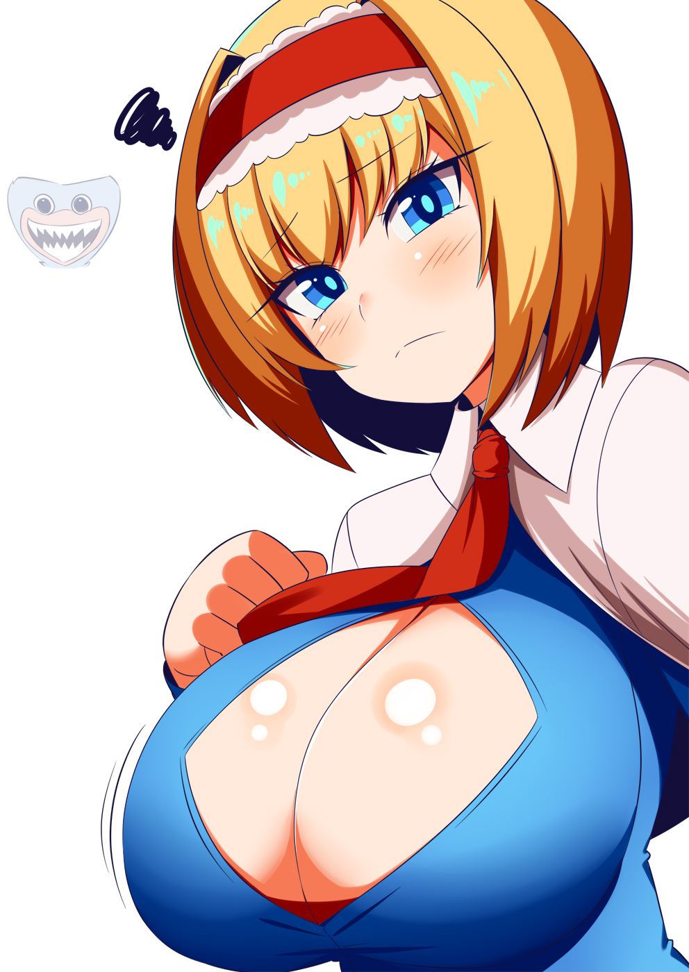 alice_margatroid ascot blonde_hair blue_dress blue_eyes breasts capelet cleavage cleavage_cutout clothing_cutout dress eyebrows_visible_through_hair frilled_ascot frilled_dress frilled_hairband frills hairband highres large_breasts lolita_hairband poppy_playtime poppy_playtime_(character) red_ascot red_hairband simple_background touhou white_background white_capelet xialu_zajin