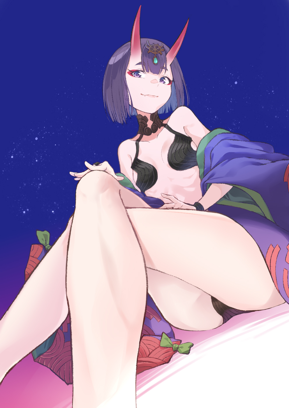 1girl bangs bare_shoulders bob_cut breasts coffeekite collarbone crossed_legs eyeliner fate/grand_order fate_(series) headpiece highres horns japanese_clothes kimono long_sleeves looking_at_viewer makeup oni oni_horns purple_eyes purple_hair purple_kimono revealing_clothes short_hair shuten_douji_(fate) skin-covered_horns small_breasts smile solo wide_sleeves