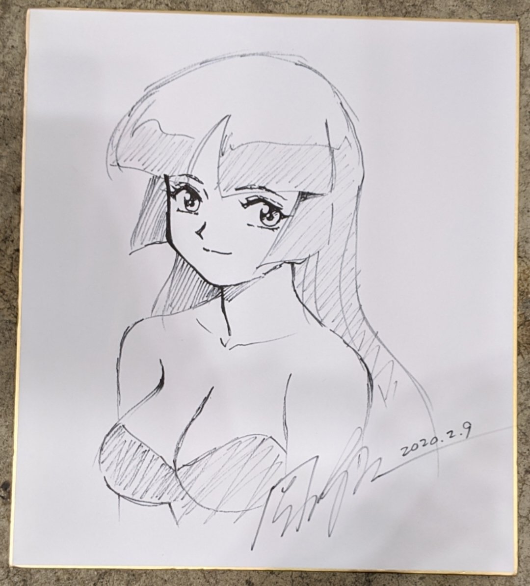 1girl bangs bare_shoulders collarbone commission dated eyebrows_visible_through_hair greyscale houjin_exaxxion ink_(medium) looking_to_the_side minagata_isaka monochrome parted_bangs photo_(medium) shikishi signature sketch smile solo sonoda_ken'ichi traditional_media white_background