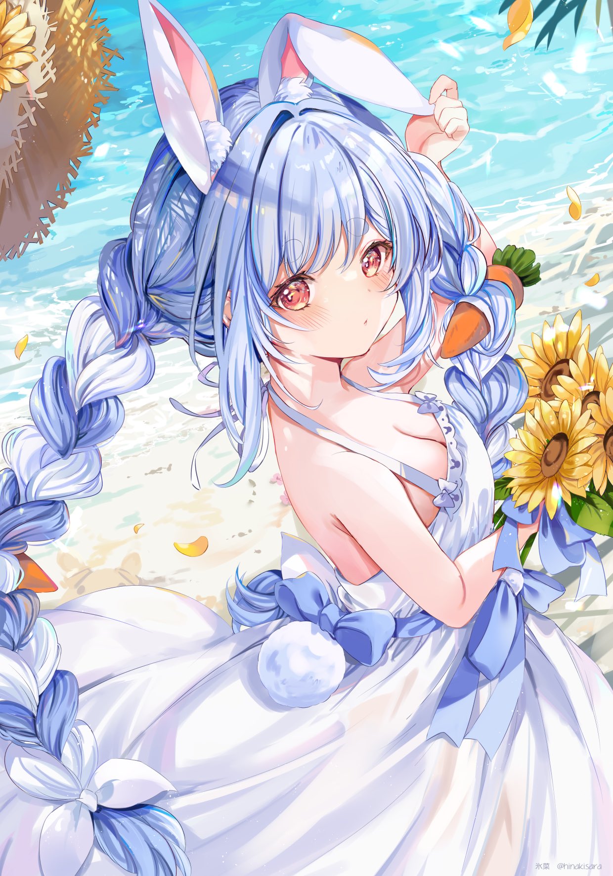 1girl animal_ears blue_hair braid carrot_hair_ornament dress flower food-themed_hair_ornament hair_ornament halter_dress halterneck hat highres hinahino holding holding_flower hololive multicolored_hair rabbit_ears rabbit_girl rabbit_tail red_eyes solo straw_hat sunflower tail twin_braids twintails two-tone_hair usada_pekora white_dress white_hair