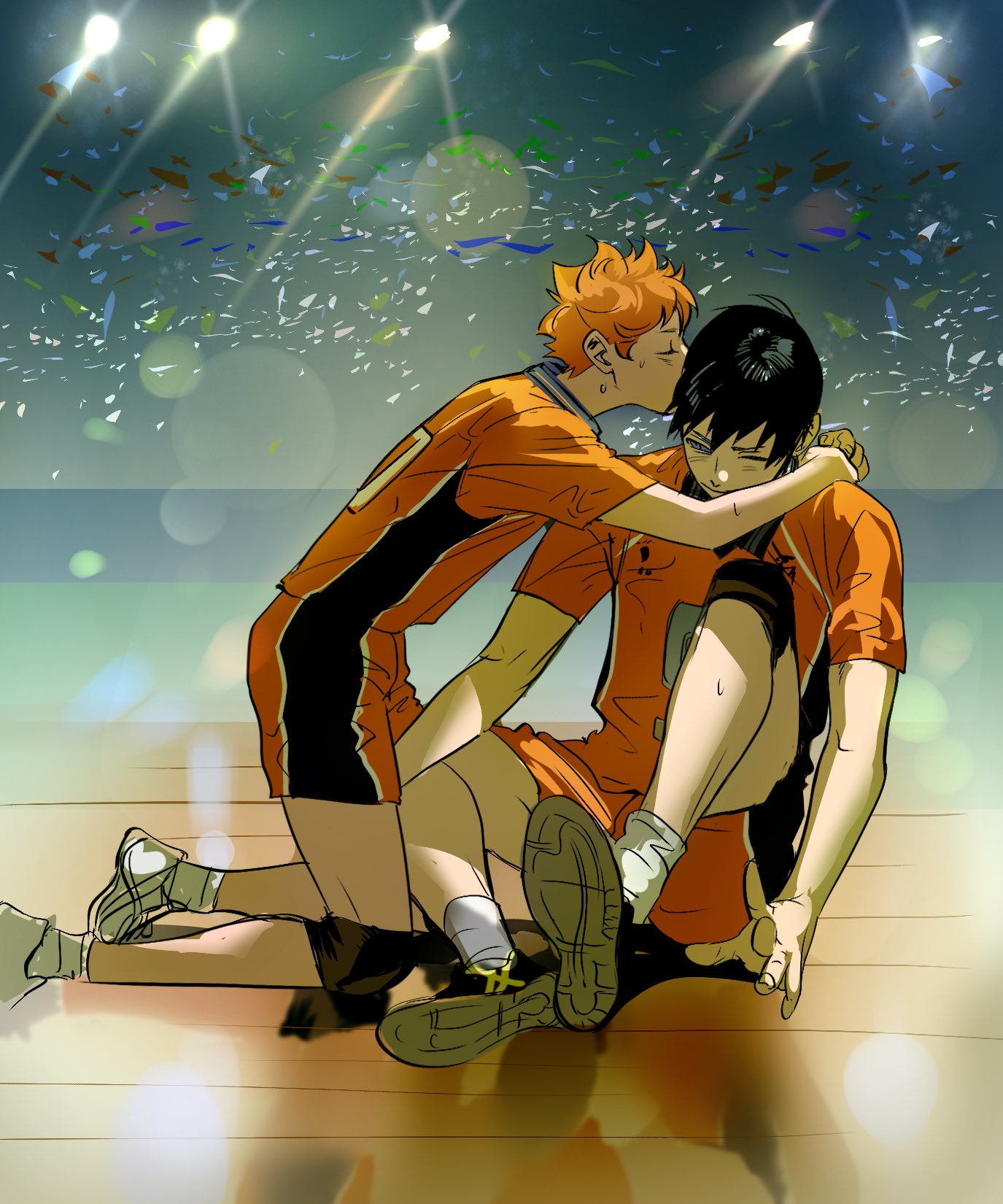 2boys arms_around_neck black_hair closed_eyes closed_mouth commentary_request haikyuu!! hashtag-only_commentary highres hinata_shouyou kageyama_tobio kiss kissing_head knee_up kneeling male_focus multiple_boys one_eye_closed orange_hair shoes short_hair short_sleeves sideburns sneakers socks sportswear sweat tinh_daubuoi very_sweaty volleyball volleyball_uniform white_footwear white_socks yaoi